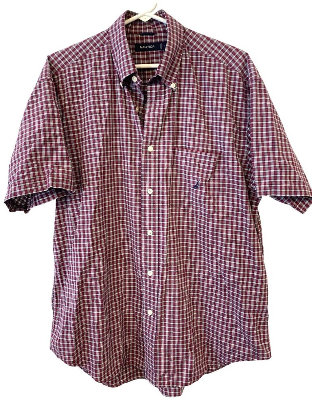 Nautica Mens L Red Plaid 100% Cotton Short Sleeve Button Down Shirt Preppy